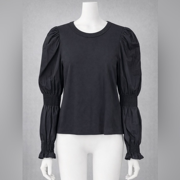 Veronica Beard Jeans Top XL Black Puff Sleeve Smocked Ruffle Cuff Ribbed Shirt